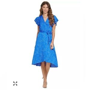 DKNY Blue Printed Flutter Sleeve Faux Wrap Dress – Size 2